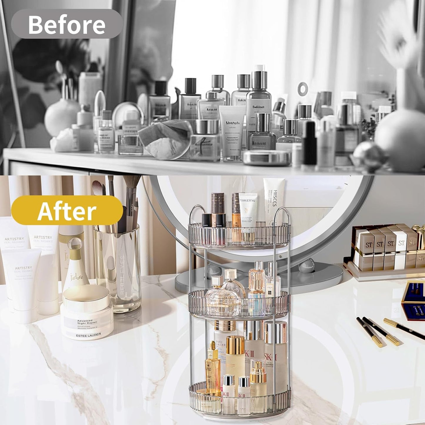 360 Rotating Makeup Organizer,3 Tier Large Capacity Make Up Organizers and Storage,Makeup Organizer for Bathroom,Cosmetic Perfume Stand Organizer(Grey-3 Tier)