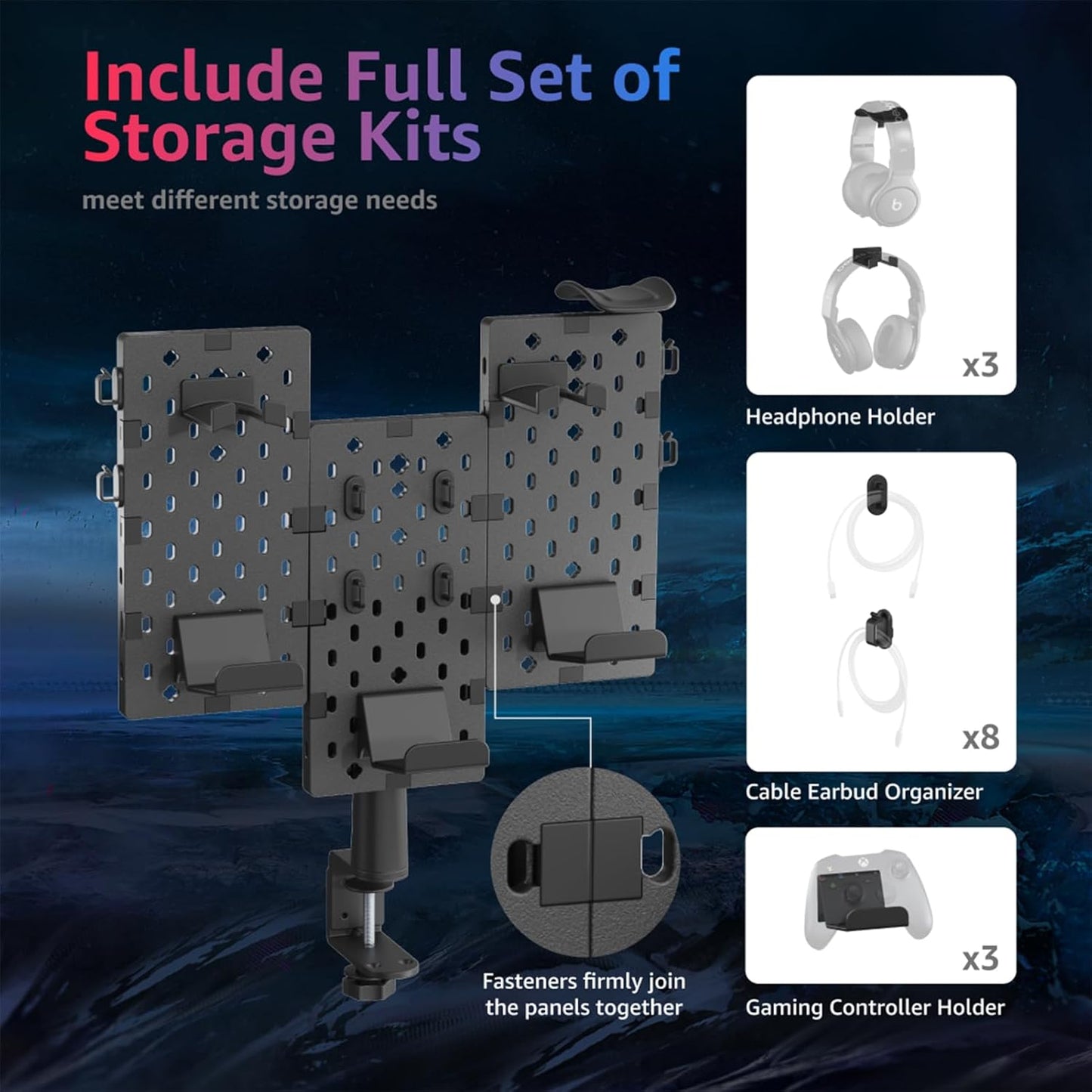 PEGZONE Modular Headphone and Controller Holder for Game, Clamp-on Pegboard, Rotatable Controller Stand with Cable Hooks, Gaming Accessory for Xbox PS5 PS4 Nintendo Switch, 3Pcs Pegboard, Black