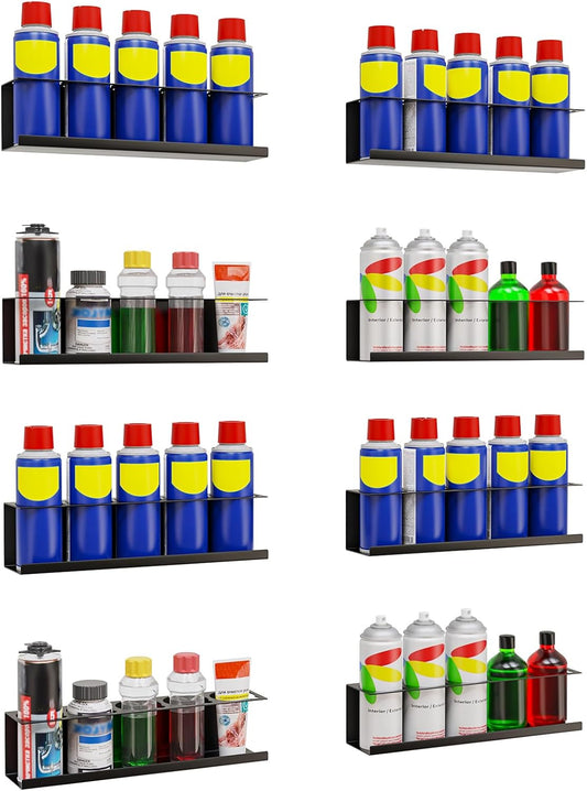8 Pack Spray Bottle Holder Wall-Mounted, Aerosol Spray Can Holder Storage Rack, Heavy-Duty Paint Bottle Organizer with 40 Holes, Steel Black Spray Rack for Garage, Shop, Home or Tool Trailer