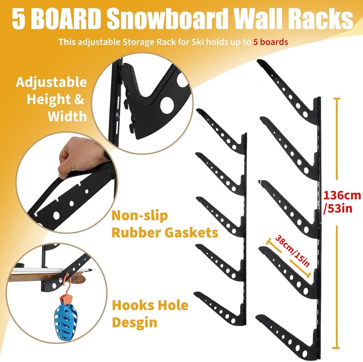 Snowboard Wall Racks, Adjustable Storage Rack for Ski, Surfboard, Wakeboard, Snowboard Wall Mount Display, White/Black