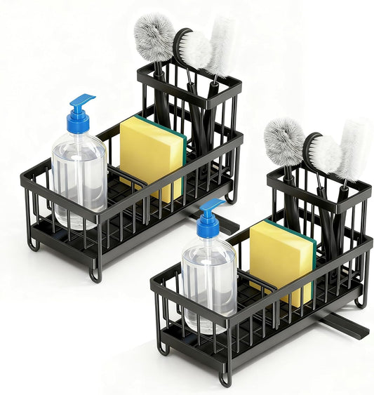 2 Pack Sponge Holder for Kitchen Sink, Sink Caddy Organizer with High Brush Holder & Auto-Drain Tray, Stainless Steel Countertop Storage for Soap Dispenser & Dish Brush, Fast Local Shipping