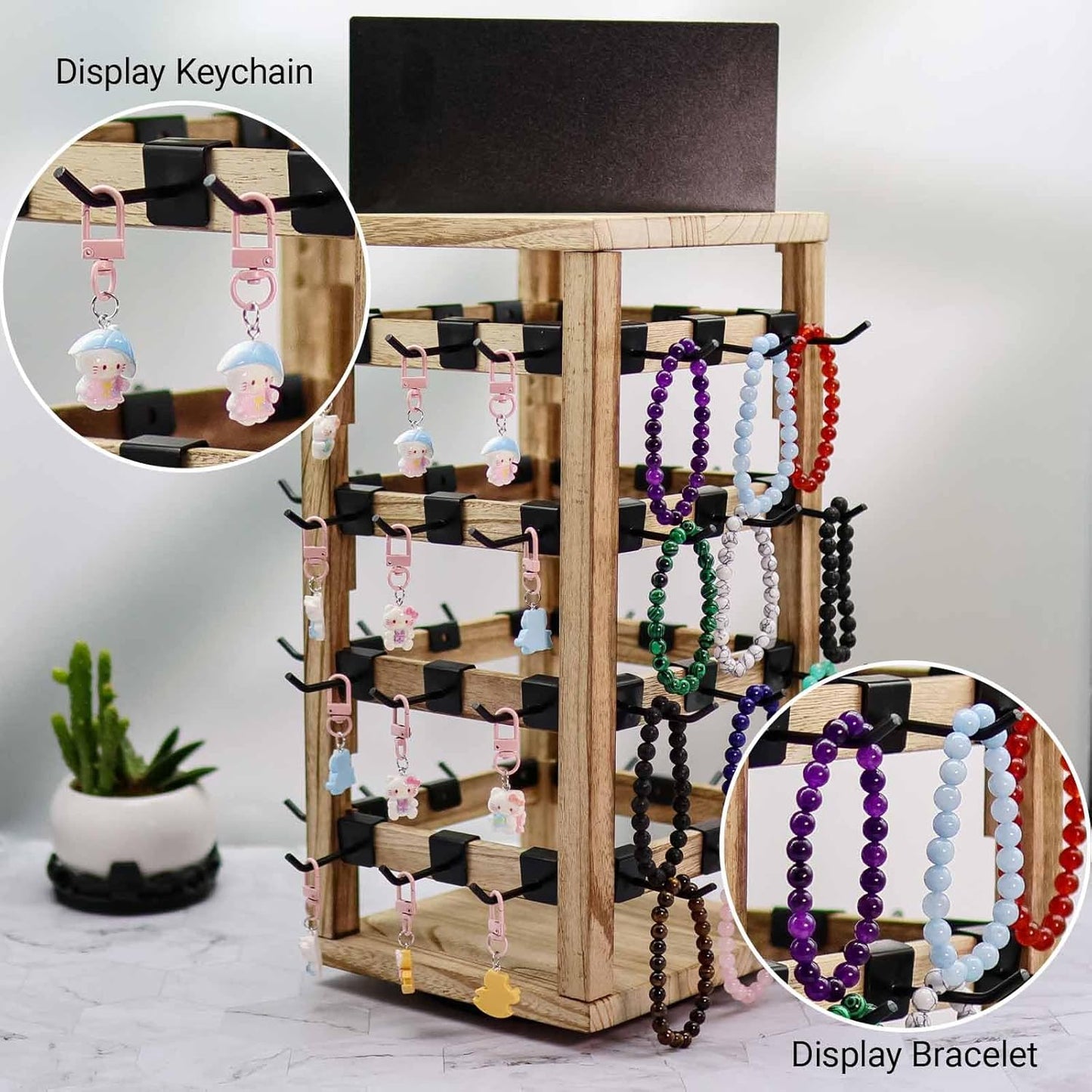 Wooden rotating Jewelry Display Stand with Removable 48 Hooks advertising board, For Earring Cards necklace bracelet Keychain Jewelry Organizer For Selling For vendor events (brown)