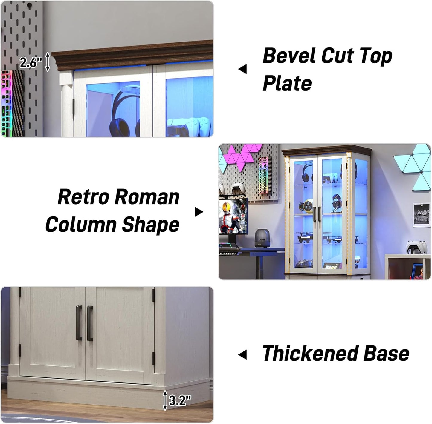 St.Mandyu 71" Tall Display Cabinet with Glass Doors, 4-Tier Lighted Curio Cabinets with 2 Storage Doors and Metal Handle for Living Room, Home, Kitchen, White