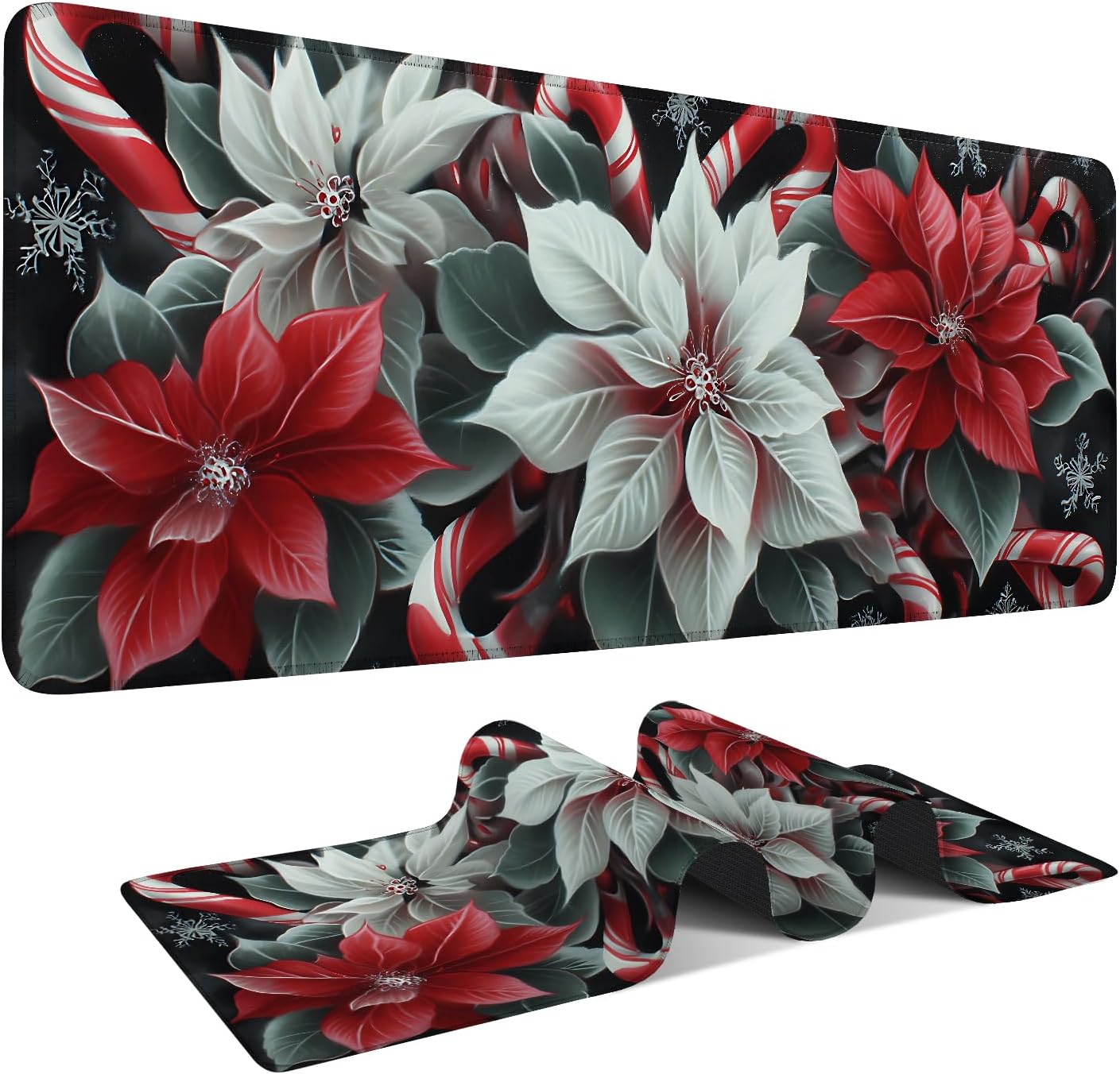 Christmas Flowers Gaming Mouse Pad 31.5"x11.8"Desk Mat Anti-Slip Rubber Base & Durable Stitched Edges for Gamers Smooth Mouse Writing Surface for Desk Office/Home