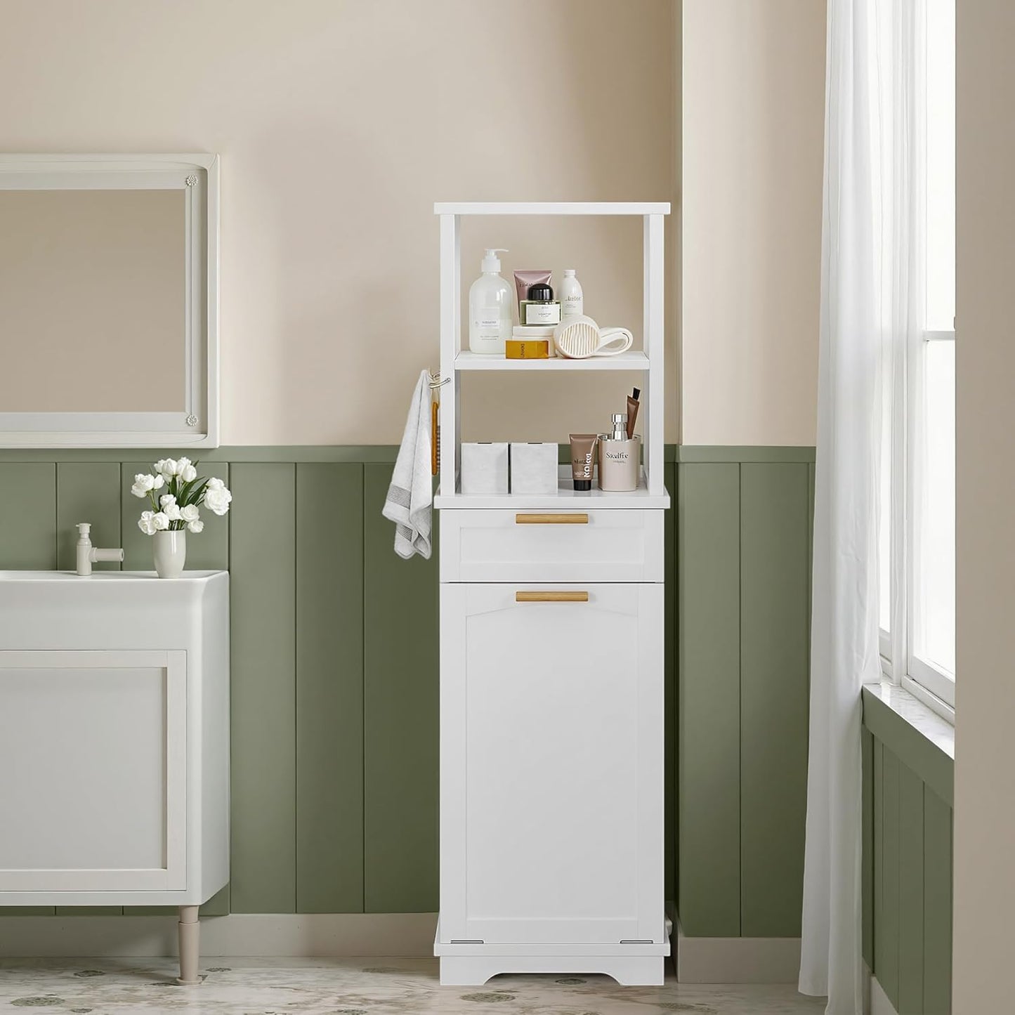 VECELO 53" Tilt Out Laundry Hamper, Tall Bathroom Cabinet with Hidden Removable Basket, 2-Tier Open Shelves, 1 Drawer and 3 Side Hooks for Storage, White