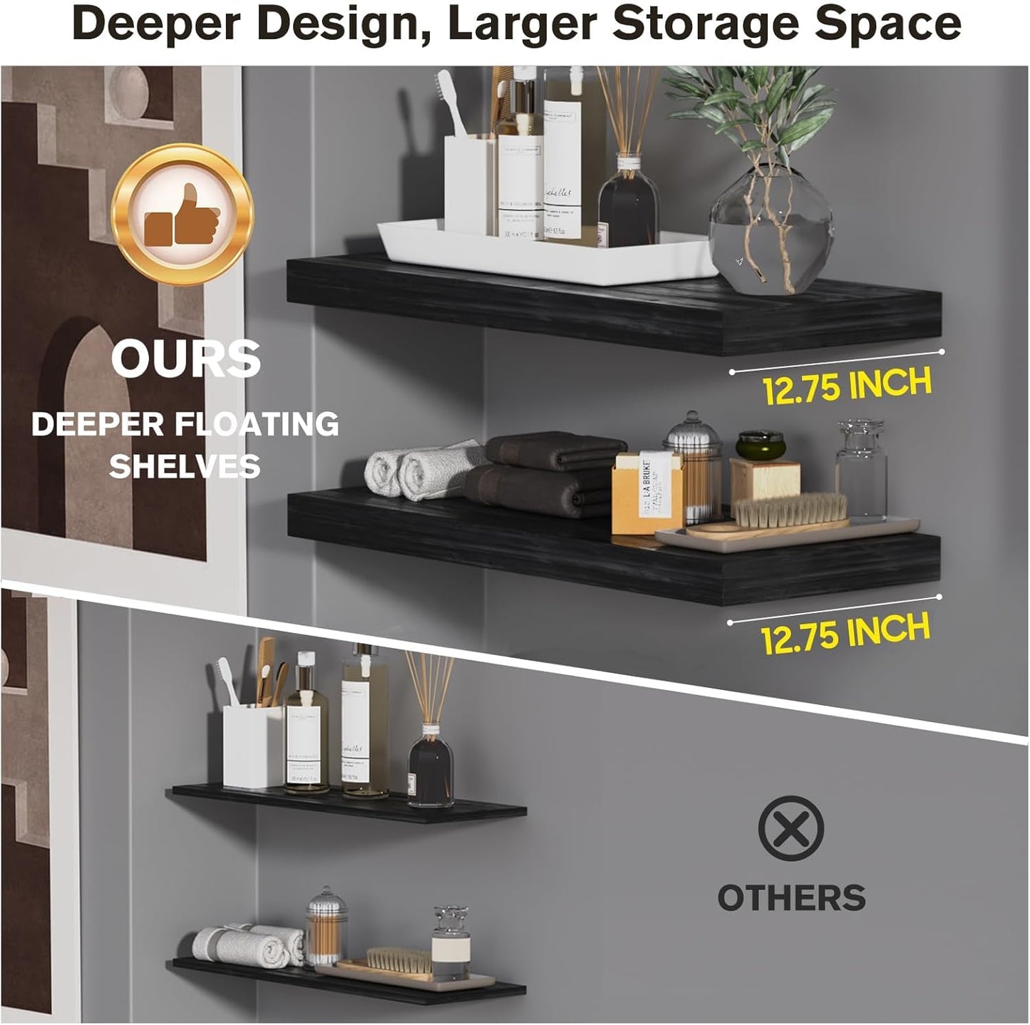 Floating Shelf, Set of 3 Wall Shelf, 30 in W x 12.75 in D x 2 in H Wooden Floating Wall Shelf with Invisible Brackets for Living Room/Bedroom/Bathroom/Kitchen Storage and Decor, Black Wood