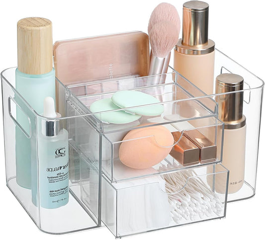 Acrylic Makeup Organizer for Countertop – 2 Drawers & 3 Compartments, Clear Storage Bin. Multi-use for Skincare, Cosmetics, Jewelry & Small Accessories, fits Vanity, Bathroom, Office, Craft