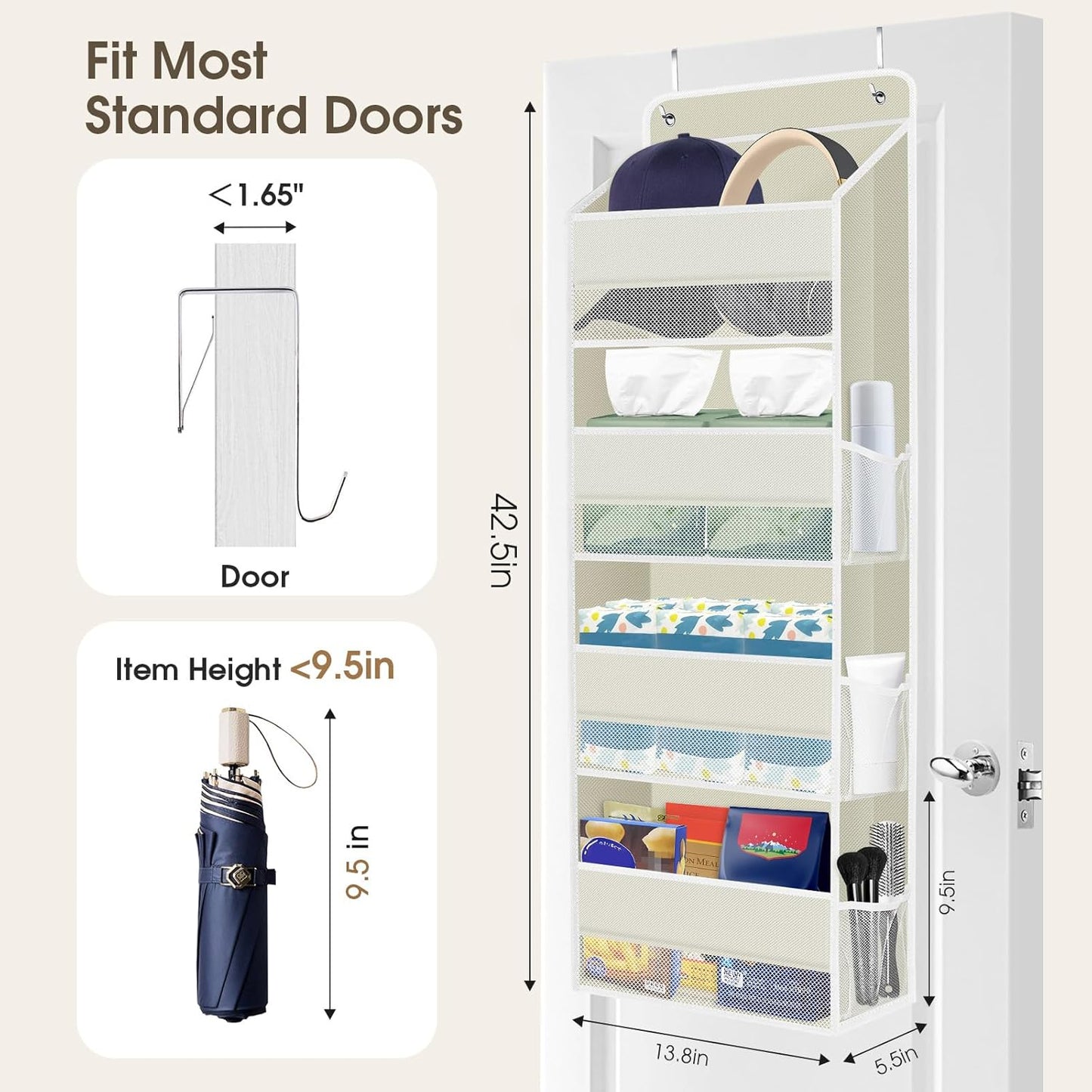 2 Pack Over The Door Organizer, Hanging Storage Organizer with Clear Window, 40lb Ultra Sturdy Large Capacity Room Organizer for Pantry Laundry Bathroom Nursery Closet (Beige)