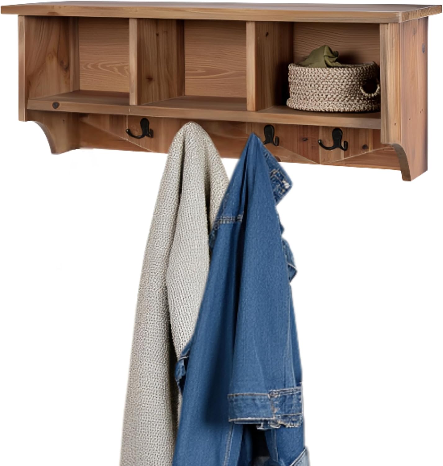 Revive Solid Wood Wall Mounted Coat Rack with 3 Cubbies and 4 Double Hooks – 36" Entryway Wall Shelf Organizer with Easy Installation for Hallway or Mudroom Storage by Alaterre Furniture (Natural)
