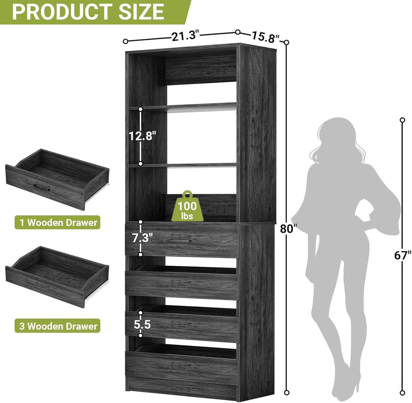 Aheaplus 21.3" Closet System with 4 Drawers, Wood Closet Organizer with Open Shelves, Modular Drawers System Tower, Walk-in Small Wardrobe Rack, Tall Storage Cabinet Unit, Black Oak