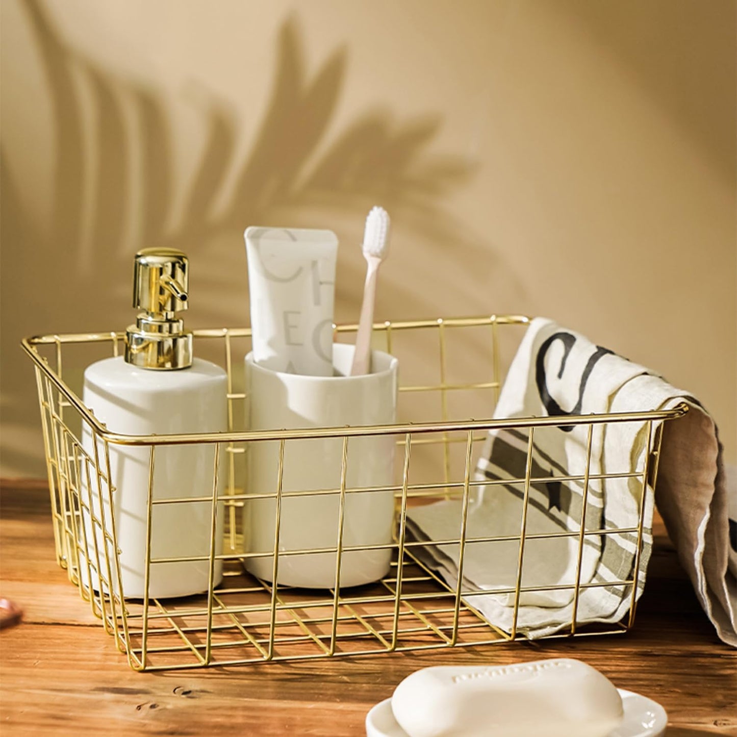4 Pack Gold Wire Baskets for Organizing Office Wire Storage Basket Gold Metal Storage Baskets for Kitchen Cabinets, Bathroom, Countertop