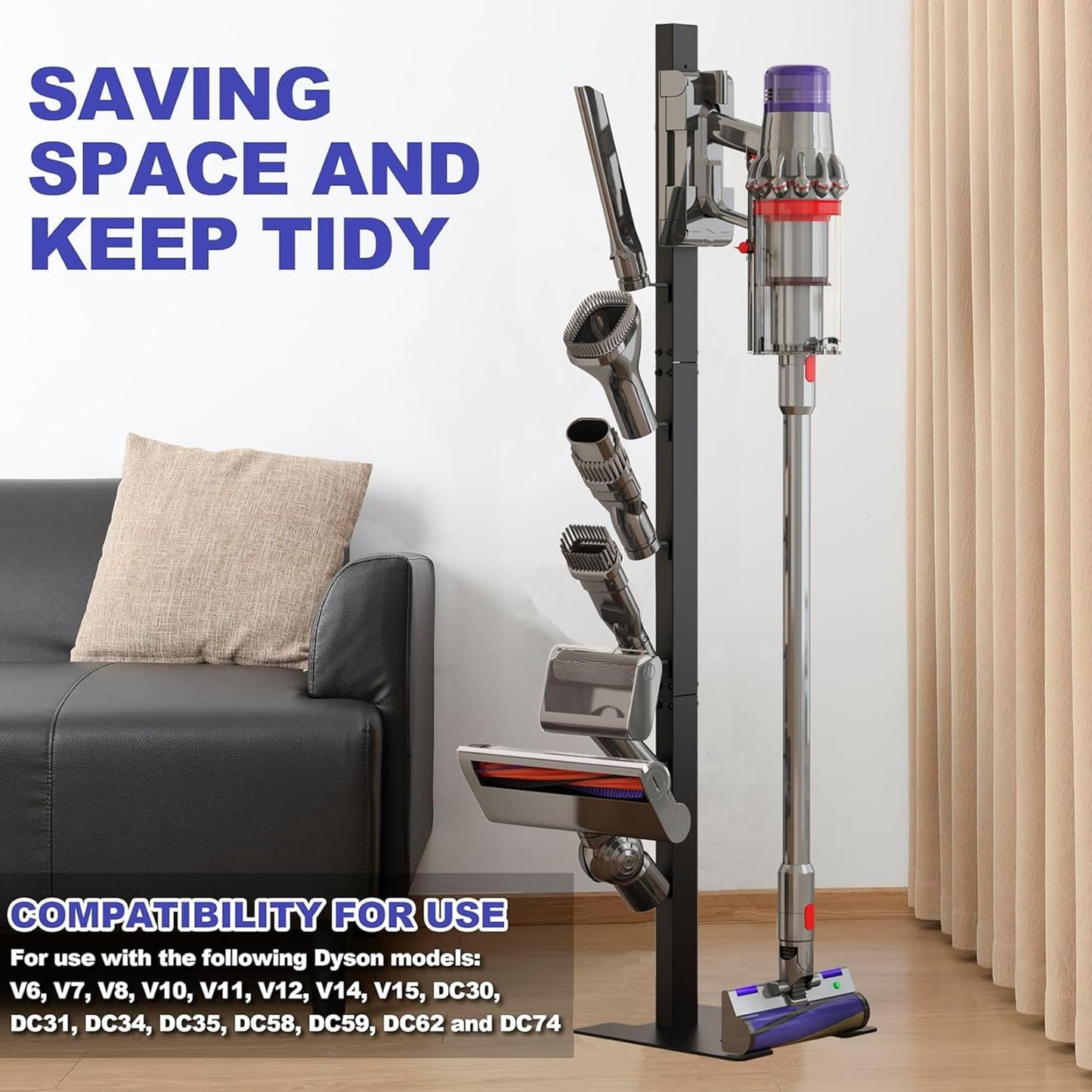 MOOPHY Vacuum Stand for Dyson V15 V12 V11 V10 V8 V7 V6, Stable Metal Storage Holder Standing Dock Station for Dyson Handheld Cordless Vacuum Cleaner & Accessories, 6 Hooks