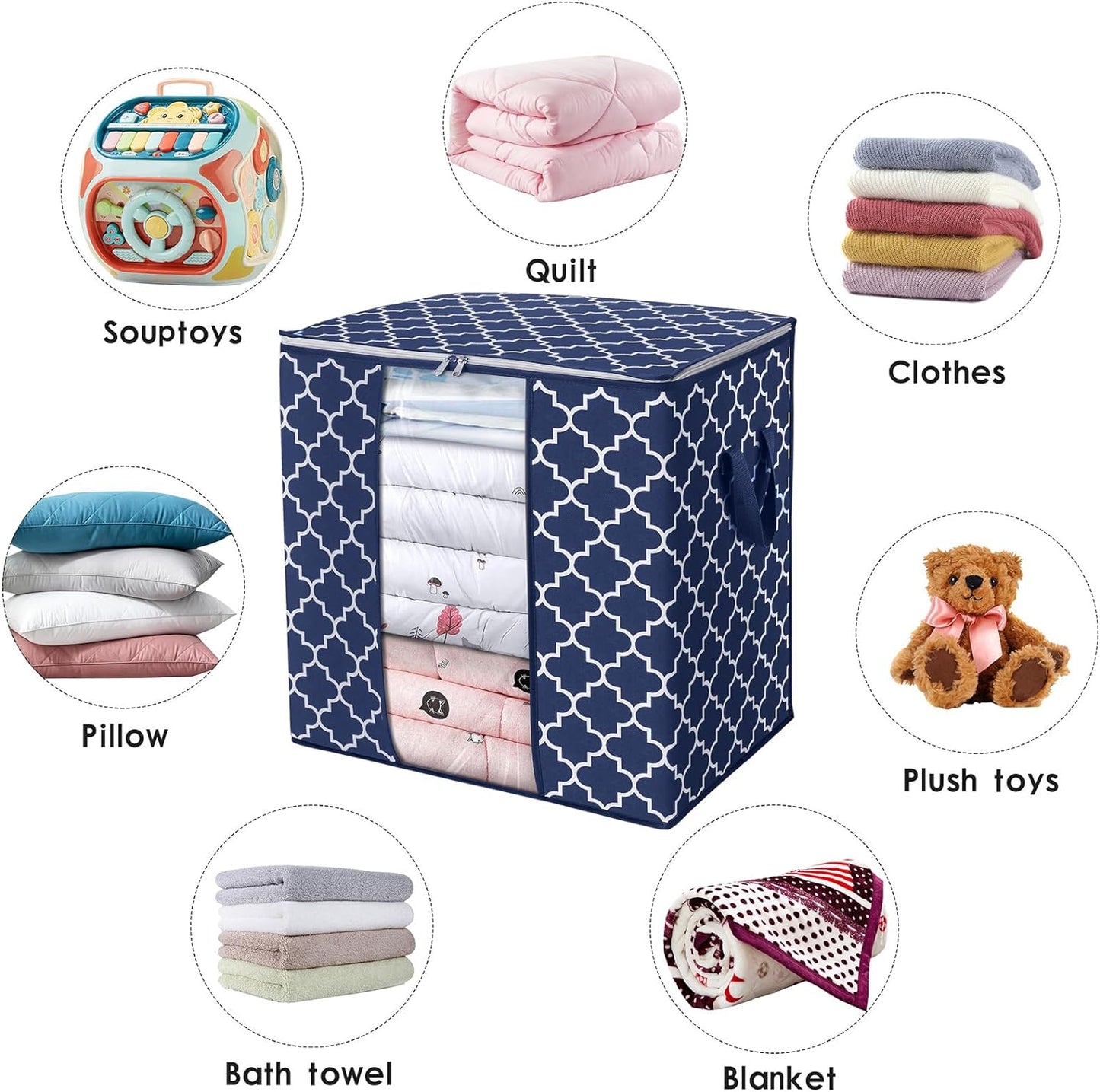 WISELIFE Storage Bags 4 Pack/100L Large Blanket Clothes Organization and Storage Containers for Comforters,Bedding, Foldable Organizer with Reinforced Handle, Clear Window, Sturdy Zippers,Blue