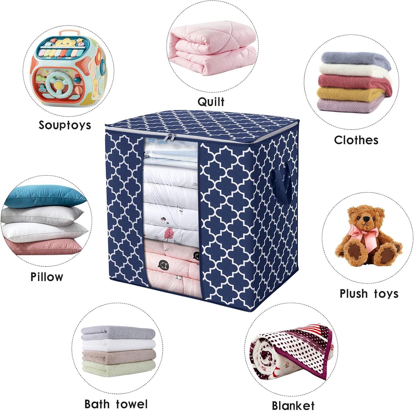 WISELIFE Storage Bags 8 Pack/100L Large Blanket Clothes Organization and Storage Containers for Comforters,Bedding, Foldable Organizer with Reinforced Handle, Clear Window, Sturdy Zippers,Blue