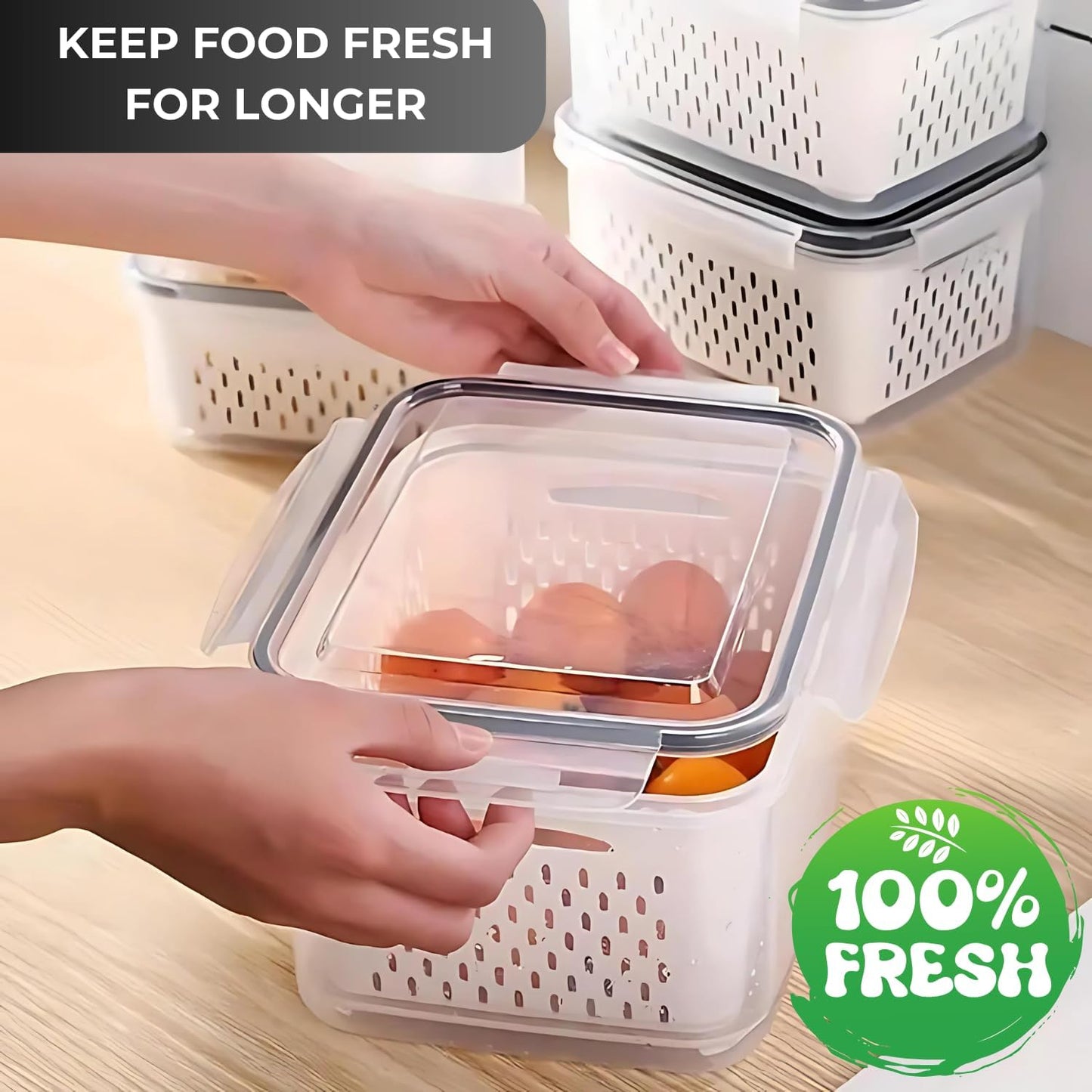 4 PCS Fruit Containers for Fridge, Leakproof fruit storage containers for fridge with Removable Colander