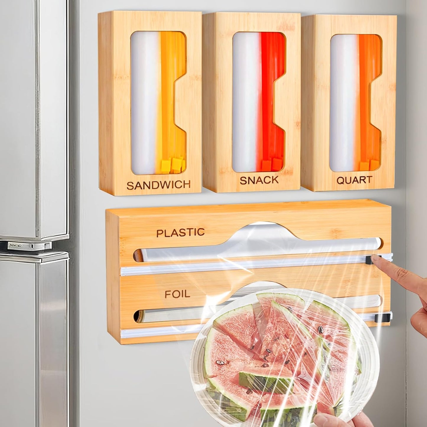 Magnetic Ziplock Bag Organizer for Refrigerator or Drawer, Bamboo Foil and Plastic Wrap Organizer with Cutter, Kitchen Food Storage Bag Holder for Gallon, Quart, Snack, Sandwich, Size Baggie