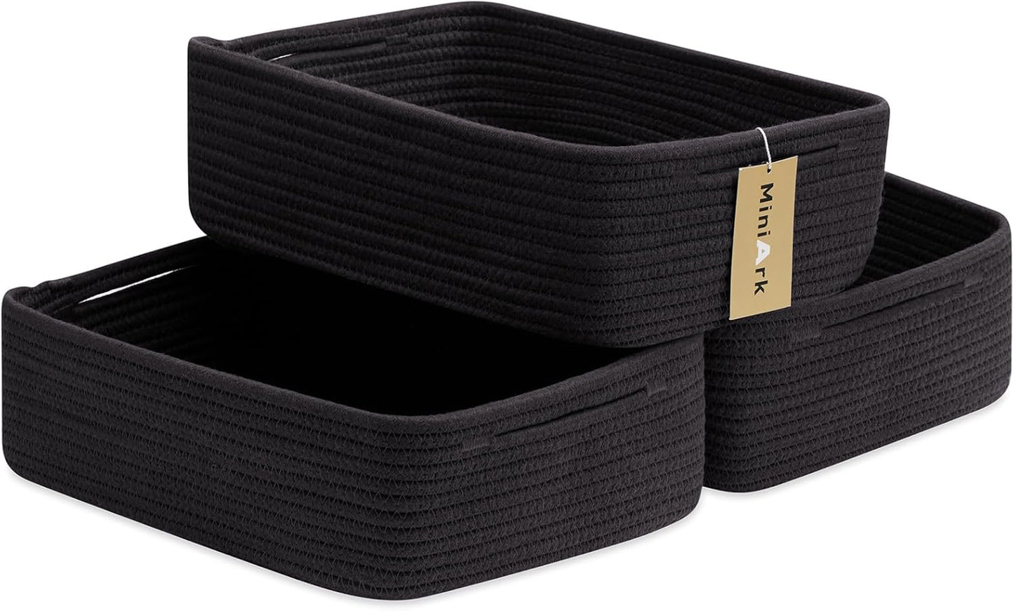 Large Shallow Organizing Baskets 15x11x5.1 Inches - Rope Woven Storage Bins for Bathroom, Shelves, Cube Closet, Black 3 Packs