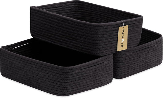 Large Shallow Organizing Baskets 15x11x5.1 Inches - Rope Woven Storage Bins for Bathroom, Shelves, Cube Closet, Black 3 Packs