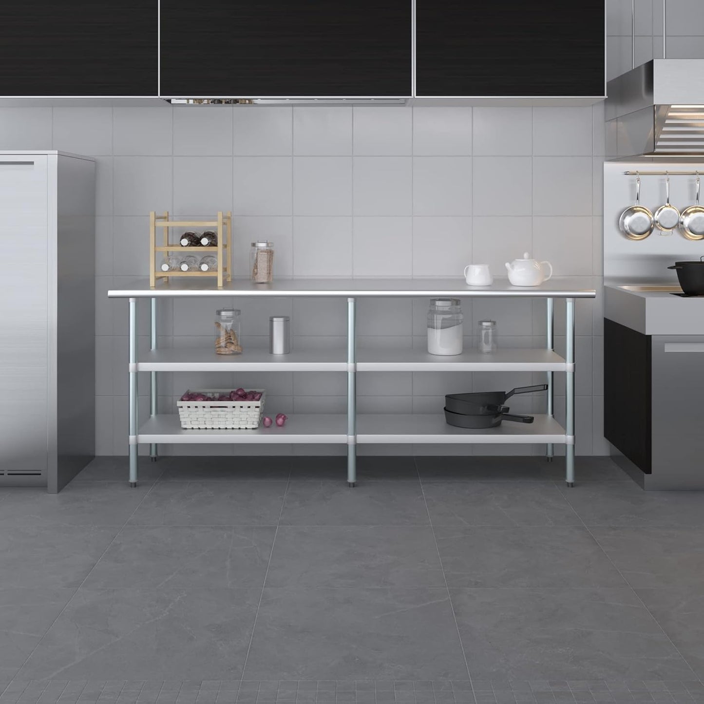 AmGood Stainless Steel Work Table with 2 Shelves | NSF | Metal Utility Table (84" Long x 24" Deep)