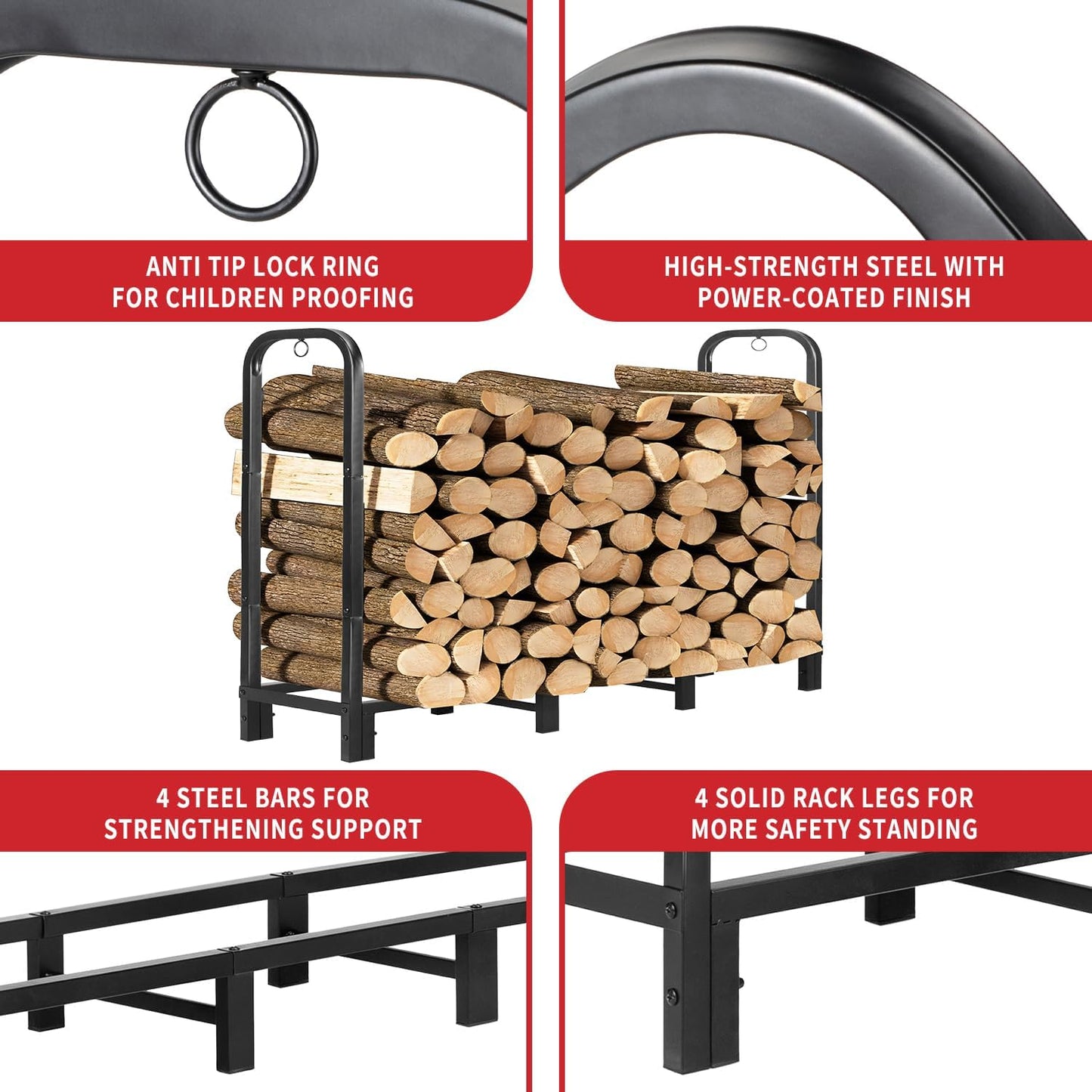 4FT Firewood Rack Outdoor with Cover, Heavy Duty Adjustable Firewood log Storage & Holder, Wood Pile Lumber Storage Rack Stacking Outside for Courtyard Patio.