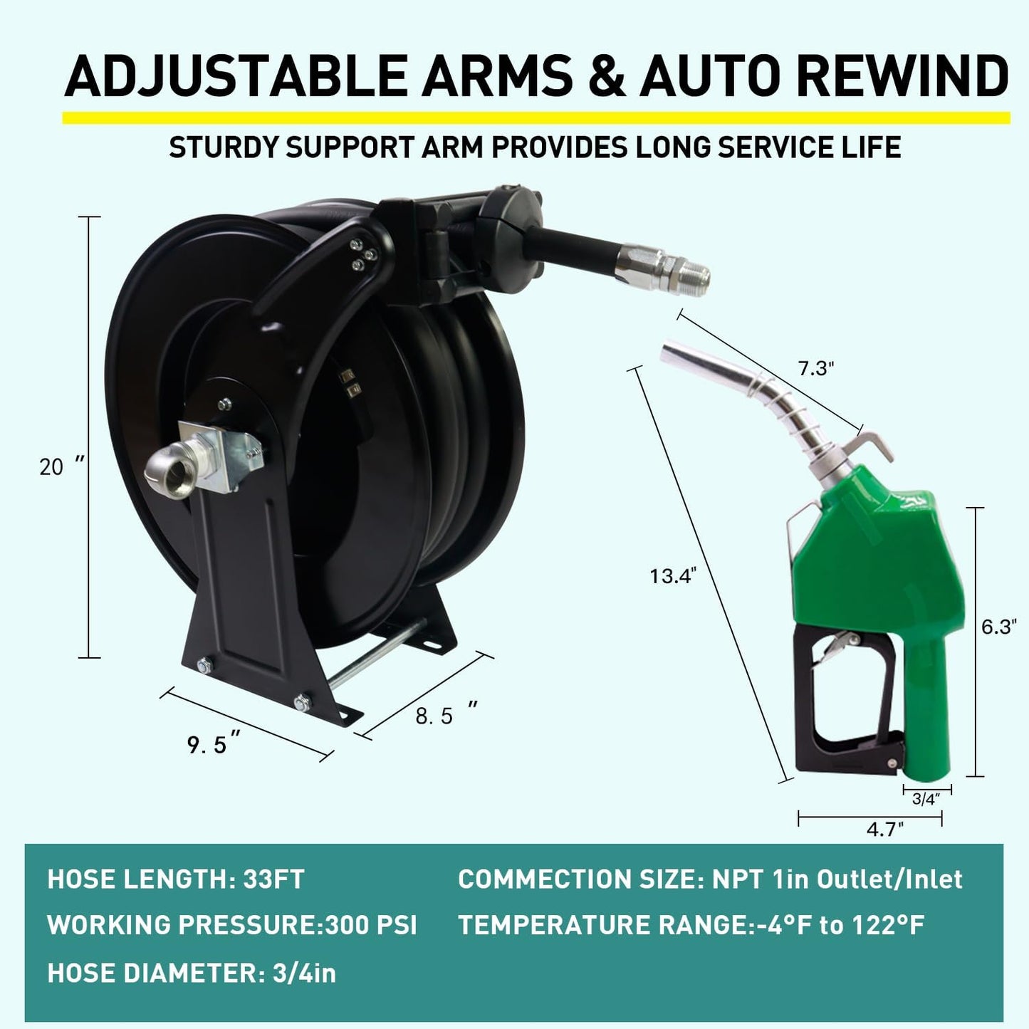 Fuel Hose Reel Retractable 3/4''X33ft w/Fuel Nozzle,Fuel Hose Swivel,Diesel Reel, Auto Spring Driven Hose Reel,300 PSI Industrial,Steel Construction Reel, NBR Rubber Hose