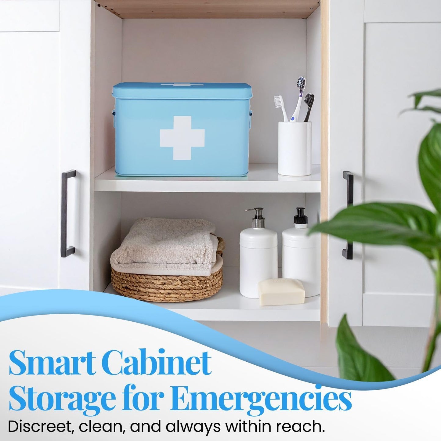 Flexzion First Aid Box Organizer Empty 13" Blue Vintage First Aid Kit Tin Metal Medical Box - First Aid Storage Box Container Bins with Dividers, Removable Tray and White Cross Logo