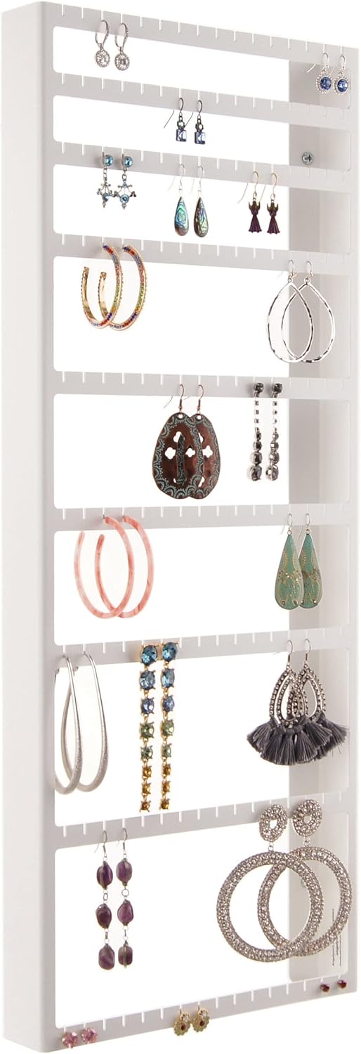 Angelynn's Wall Mounted Big and Small Earring Holder Organizer Display Women Long Post Stud Large Dangle Hoop Pierced Earrings, Hanging Closet Jewelry Storage Rack, Mary White 9"x23"