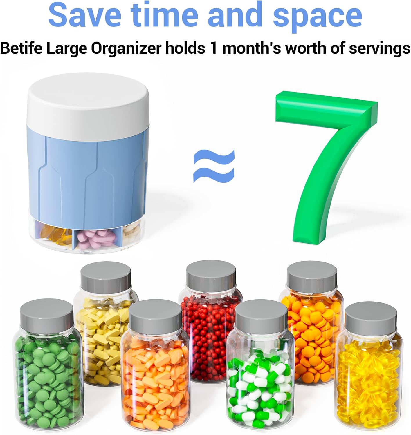 Betife Extra Large Supplement Organizer,Weekly Pill Organizer Bottle, Daily Pill Dispenser with 7 Large Compartments, Organizer to Hold 7 Day Vitamin Medication,21 Labels and a Cleaning Brush (Blue)