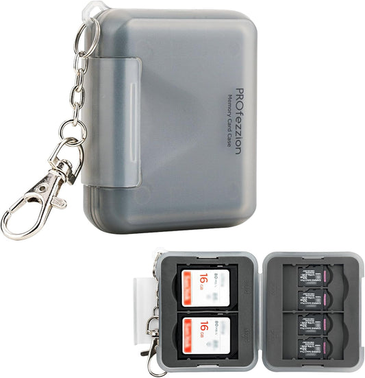 PROfezzion SD Card Holder Case Water-Resistant: Portable 12 Slots Memory Card Case for 8 Micro SD Card & 4 SD/SDXC/SDHC Card, Memory Card Hard Carrying Box Keeper Protector with Rubber Interior Grey