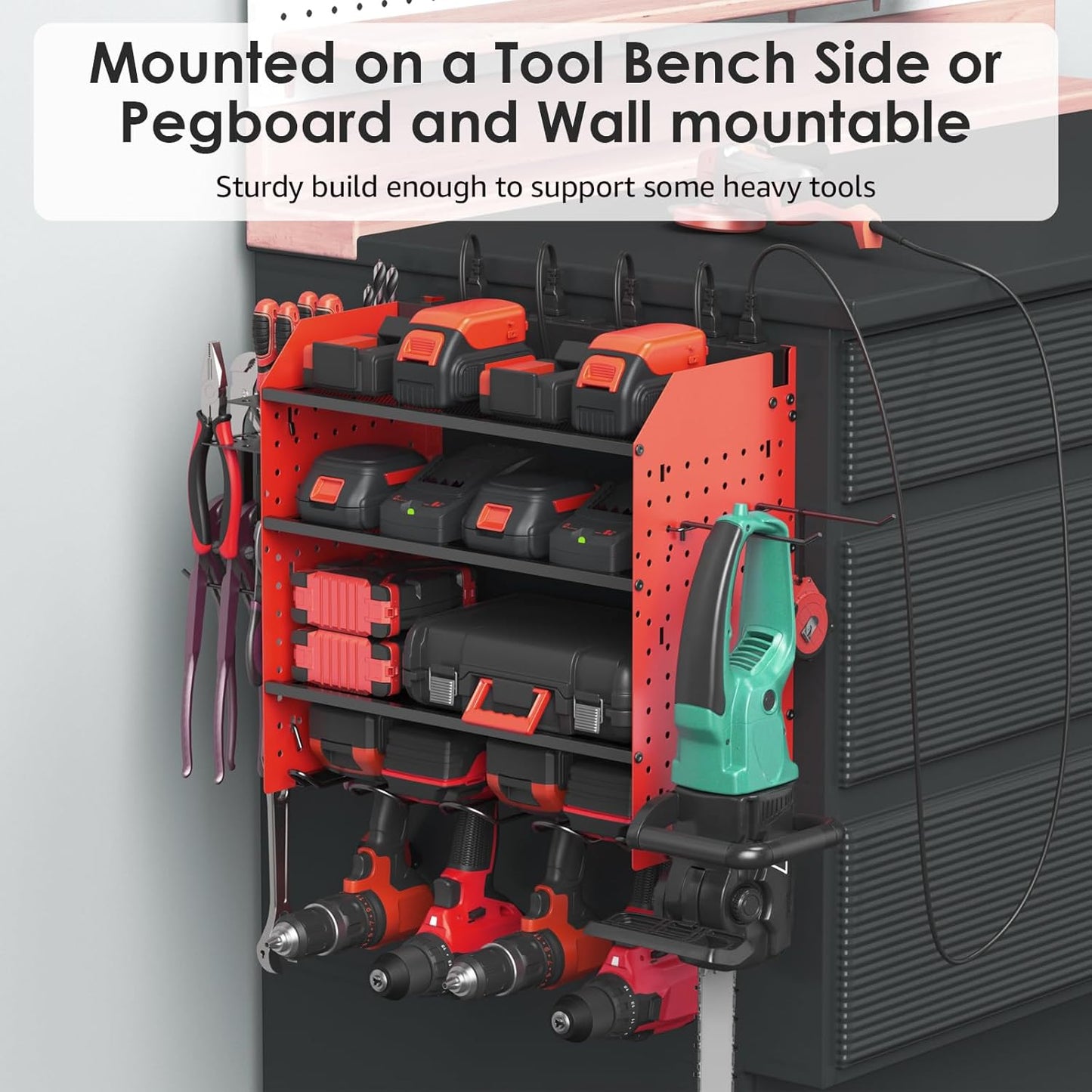 CCCEI Modular Pegboard Rack Power Tool Organizer with Charging Station. 4 Layer Wall Mount Drill Holder, Red Tool Battery Charger Organizer. Garage Shop Storage Utility Shelf with 10FT Power Strip.