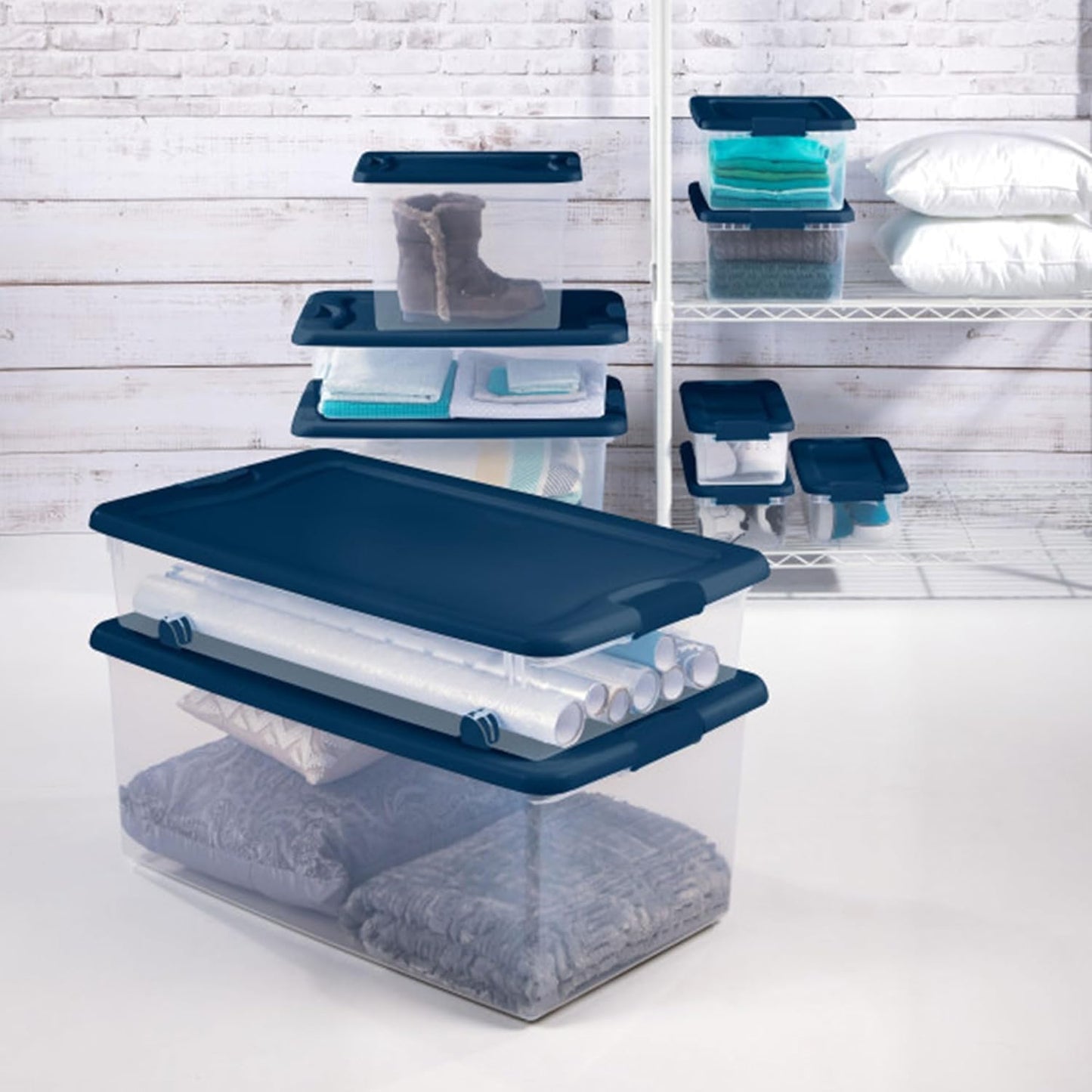 Sterilite 24-Pack Color Program, Large Clear Plastic Storage Bins with Lids, 64 Quart, Blue - Stackable Organizing Container Boxes for Closet, Bathroom, and Office