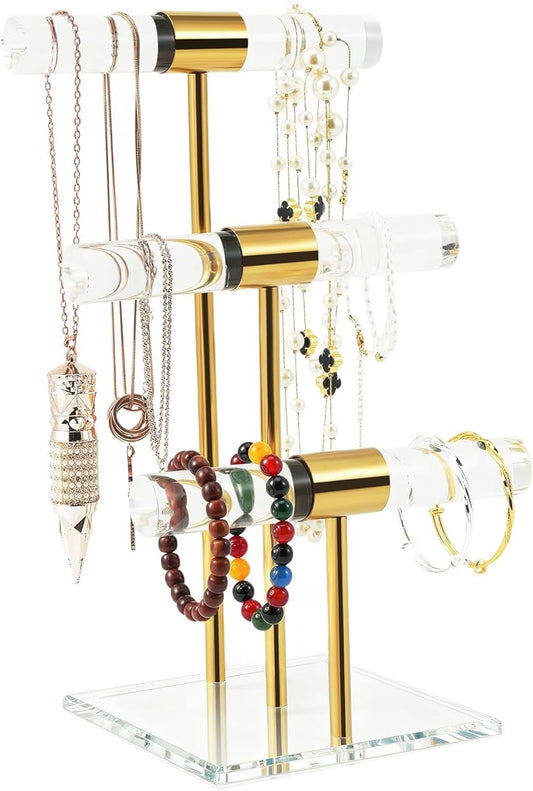 T-Bar Tangle-free Necklace and Jewelry Display Stands, 3-Tier Acrylic Bracelet Holder Stand, Clear Gold Jewelry Organizer with Stainless Rod, Women Vendors Retail Store Counter Bangles Display Stand