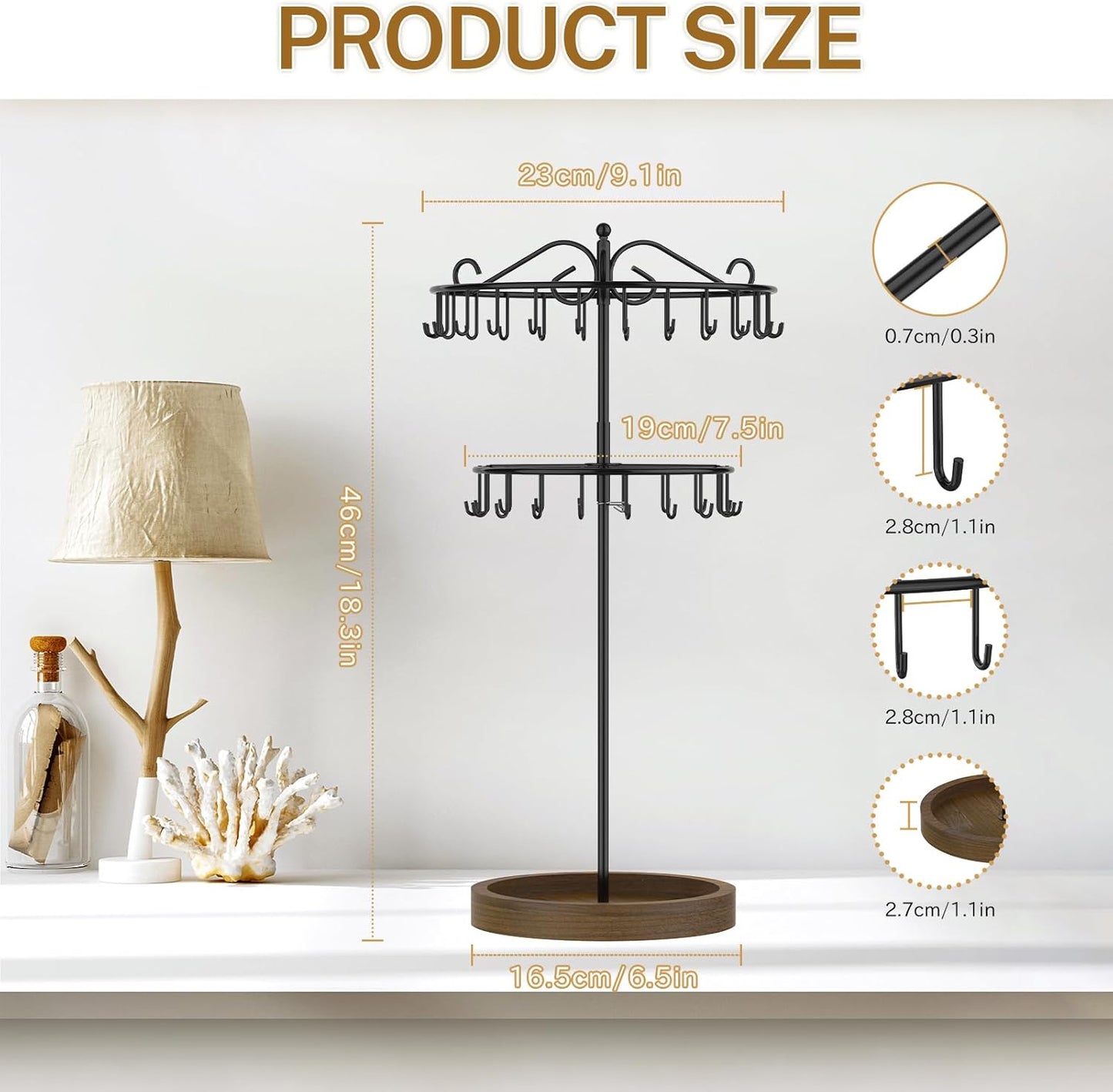 iDavosic.ly 2 Tier Rotating Necklace Holder Organizer with Wooden Jewelry Tray, Adjustable Metal Bracelet Display Stand with 42 Hooks, Extra Tall Keychain Spinning Tree Tower for Women, Black