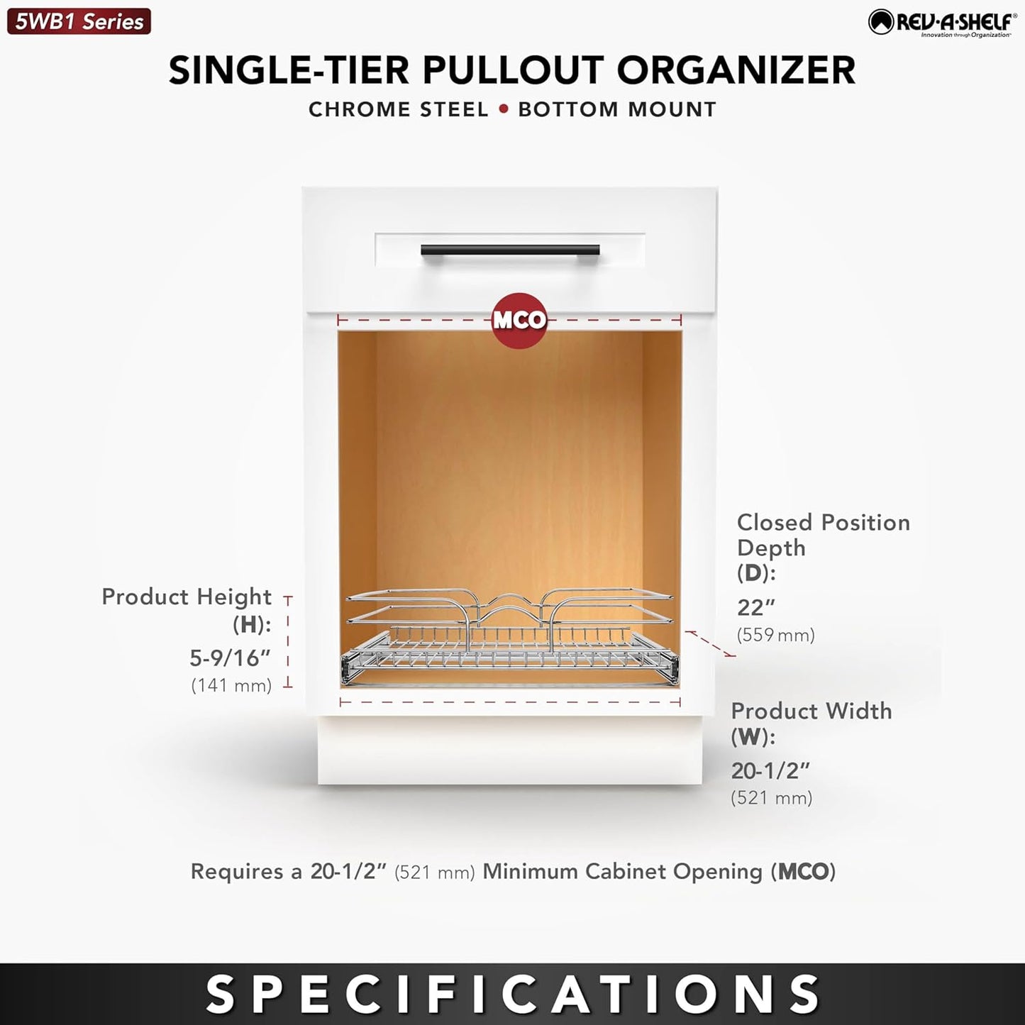 Rev-A-Shelf Kitchen Cabinet Pullout Shelf and Drawer Organizer Slide Out Pantry Storage Basket in Multiple Sizes, 21 x 22 In, 5WB1-2122CR-1