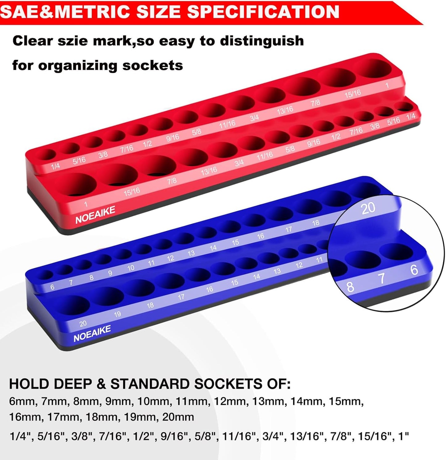 3/8 Inch Magnetic Socket Organizer,2-Pack Metric &SAE Sockets Holder Set 3/8" Drive Socket Trays, Holds 56 Pcs Standard and Deep Size Sockets(Socket not Included)