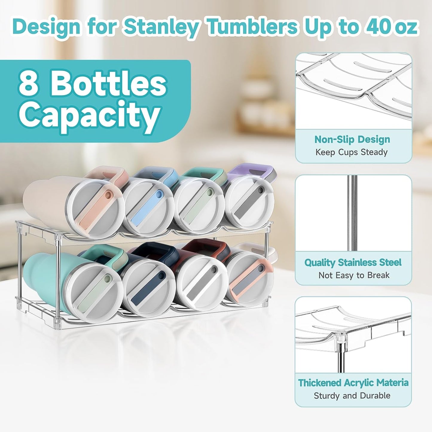 Stackable Water Bottle Organizer, Large Compartment Water Bottle Holder for Stanley 40 oz Tumbler, Kitchen Storage Organizer for Stanley Cup Accessories, Tumbler Organizer Wine Rack - Hold 8 Bottles