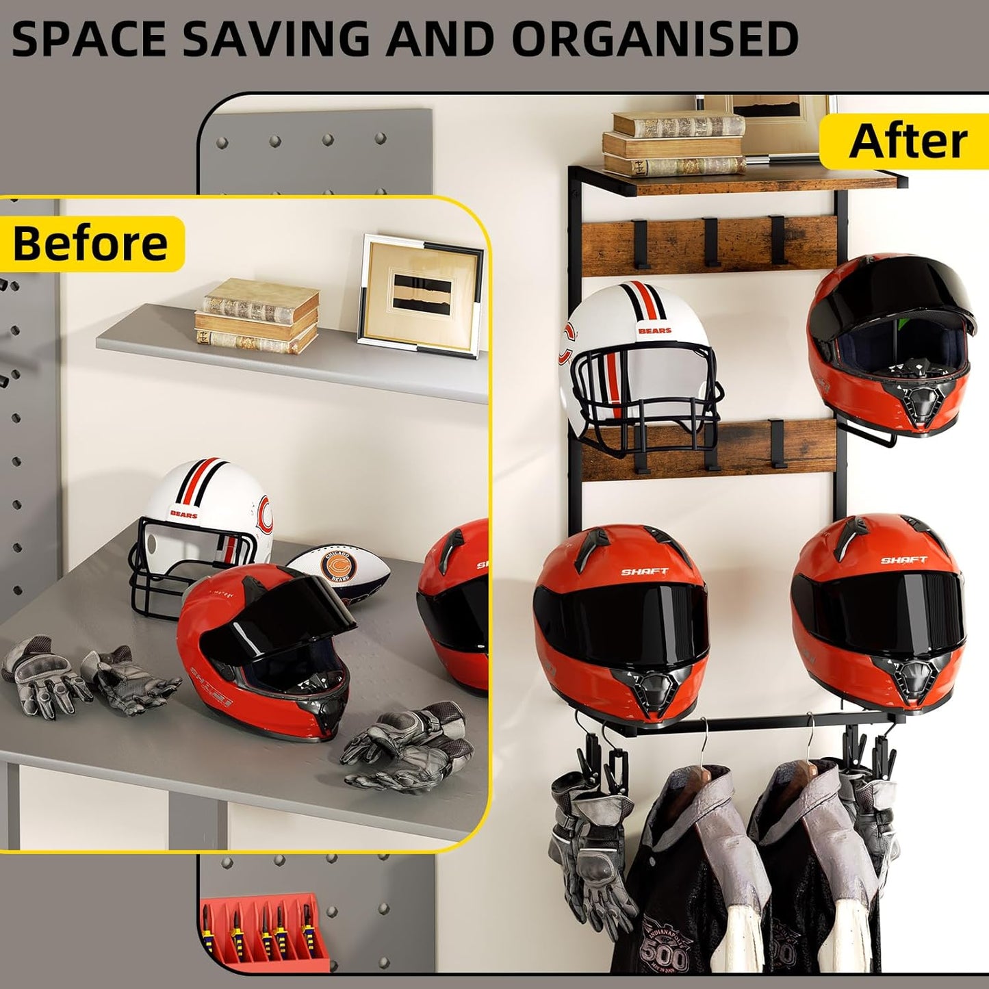 Urban Deco Motorcycle Helmet Holder Wall Mount, Helmet Rack with 4 Hat Stands, Helmet Stand for Display Wall Mount, Motorcycle Accessories Gear Storage for Men, Large