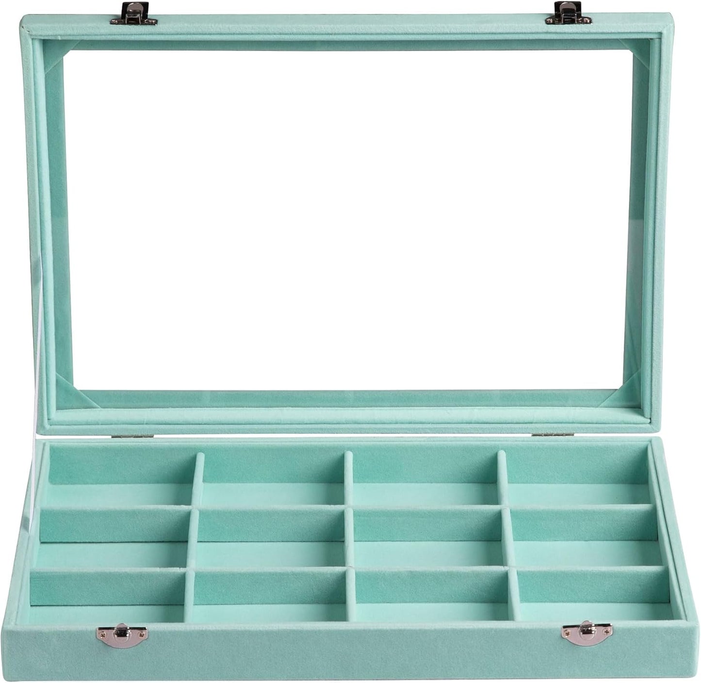 Frebeauty Velvet Jewelry Tray,12 Grid Jewelry Organizer with Clear Lid,Bracelets Holder,Jewelry Display Case with Clasp,Drawer Insert Bangle Brooch,13.8 x 9.5 x 2 Inches,Gift for Women Girl(Turquoise)