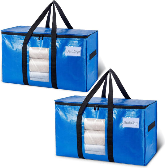 TAILI Extra Large Moving Bags, 2 Pack Blue Heavy Duty Totes for Storage with Visible Window, Wrap Around Handles, Storage Bags for Space Saving, Alternative to Moving Boxes
