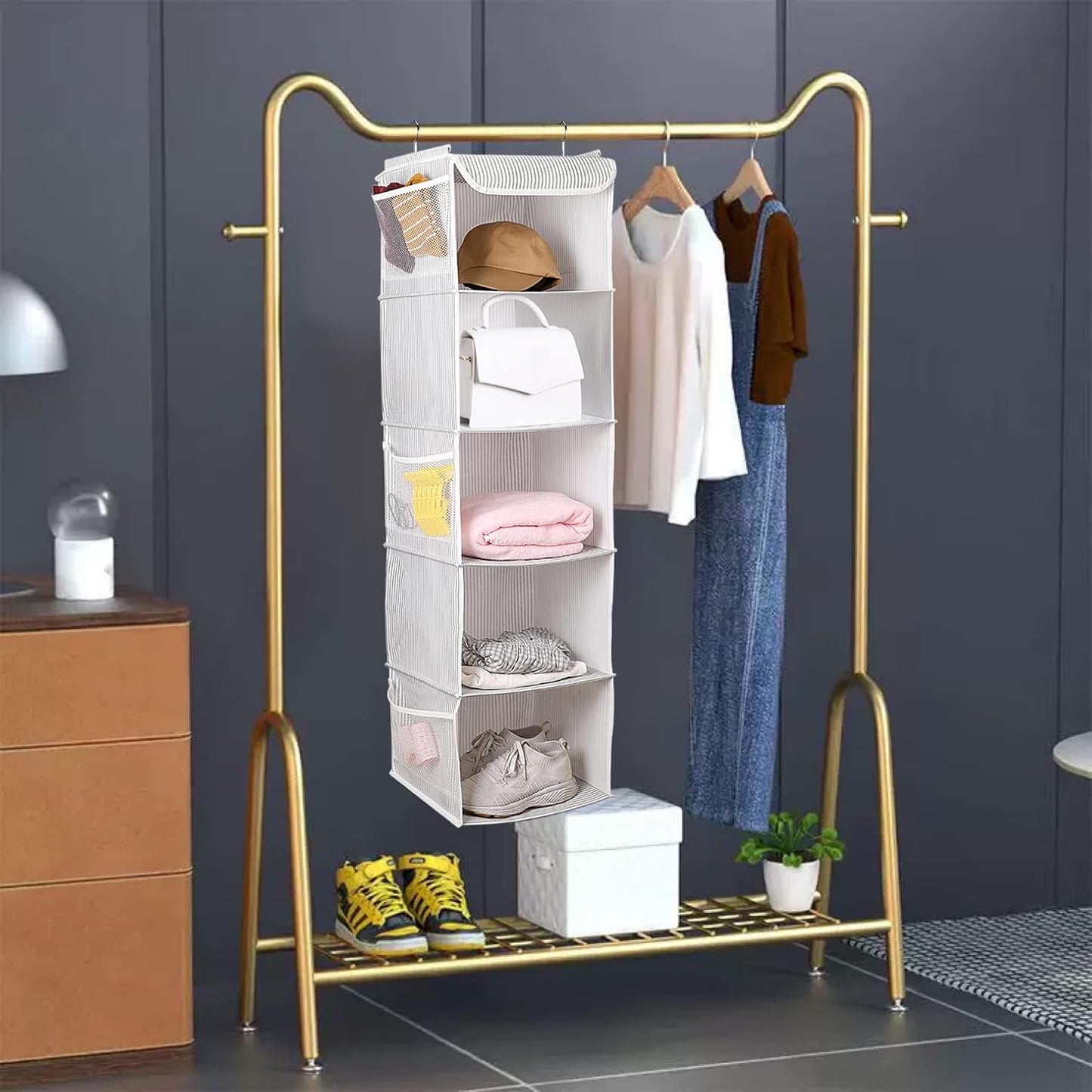 5 Shelves Hanging Closet Organizer, 2 Pack Hanging Storage with 6 Side Pockets for Clothes Shoes, 43"x12"x12"(Strip)