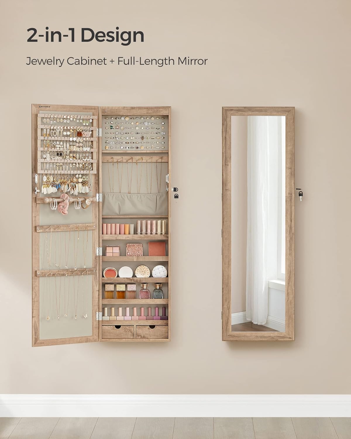 SONGMICS 6 LEDs Mirror Jewelry Cabinet, 47.2-Inch Tall Lockable Wall or Door Mounted Jewelry Armoire Organizer with Mirror, 2 Drawers, Christmas Gift, 3.9 x 14.6 x 47.2 Inches, Toasted Oak Color