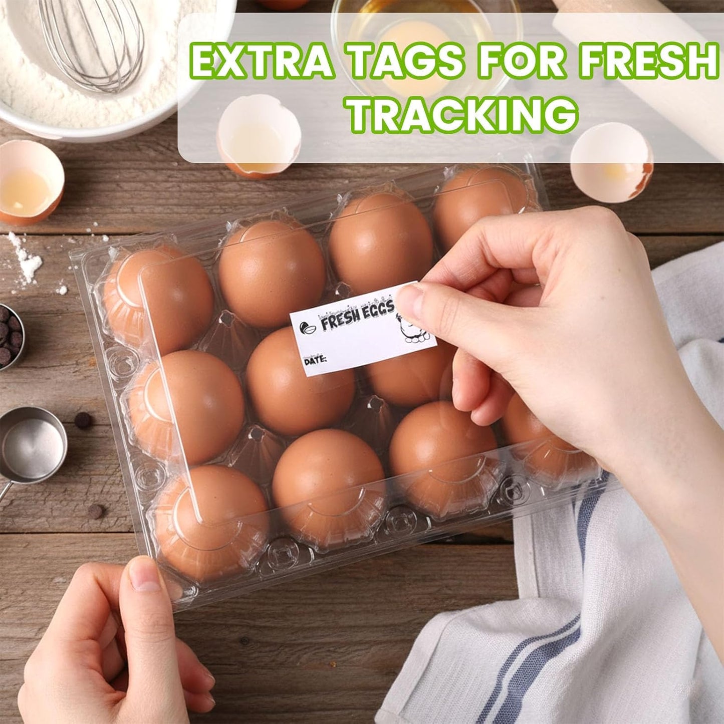 LOVEINUSA 60 Pack 12-Count Clear Plastic Egg Cartons with 60 Date Labels, Reusable PET Dozen Egg Holders for Medium Chicken Eggs, Clamshell Cartons for Farm, Home Fridge & Market Display