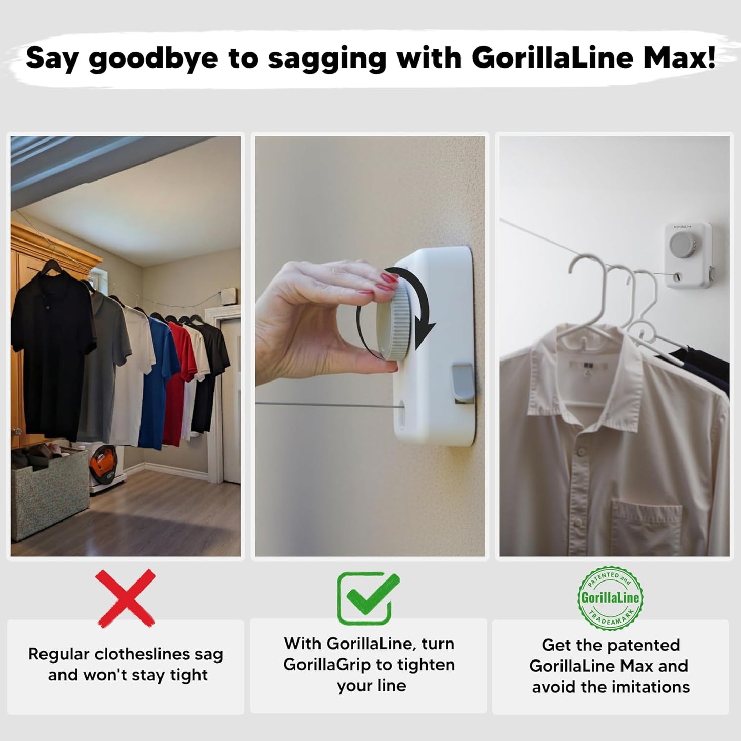 GorillaLine Max - Retractable Clothesline Indoor Outdoor Clothes Line - Heavy Duty Clothes Drying Laundry Line - Wall Mounted Drying Rack - Air Dry Clothing - Max Tighten with GorillaGrip