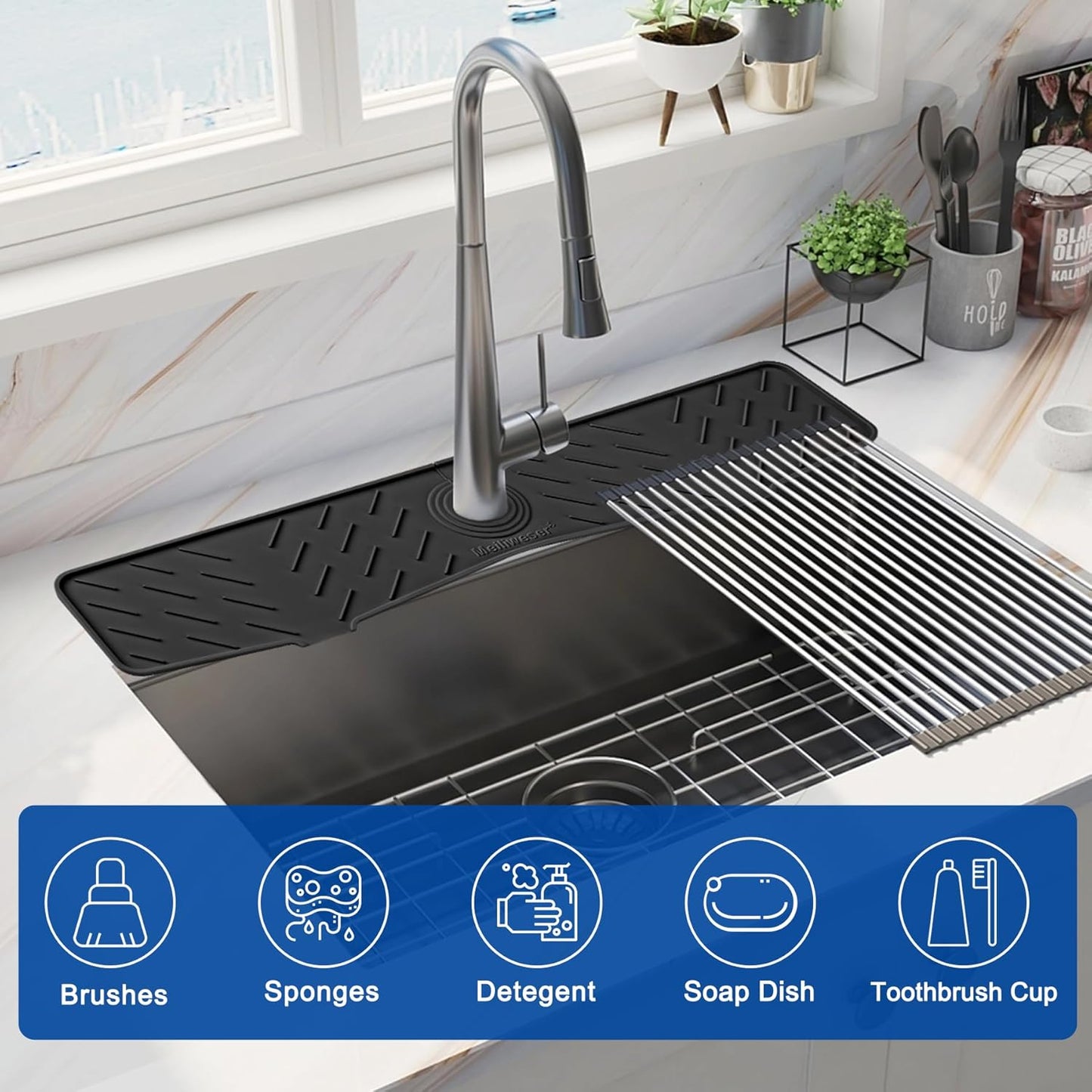 Meiliweser Faucet Mat for Kitchen Sink – 24” x 5.1” Extra-Long Silicone Splash Guard with 10° Slope & Upgraded Drainage – Gen 3 Sink Water Catcher & Sponge Holder for Kitchen, Bathroom (Black)