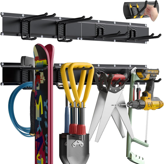 Garage Tool Organizer Wall Mount with 32 inches Rails and Adjustable Heavy-Duty Hooks, Garden Tool Organizer, Carries 300 lbs, Heavy Duty Garage Storage Rack For Yard, Shed, Workshop, Easy to Install