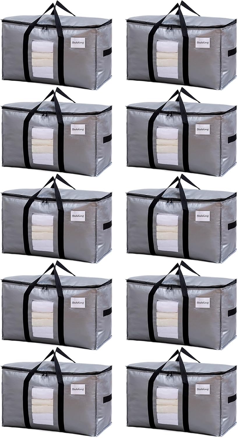 TAILI Extra Large Moving Bags, 10 Pack Silver Heavy Duty Totes for Storage with Visible Window, Wrap Around Handles, Storage Bags for Space Saving, Alternative to Moving Boxes