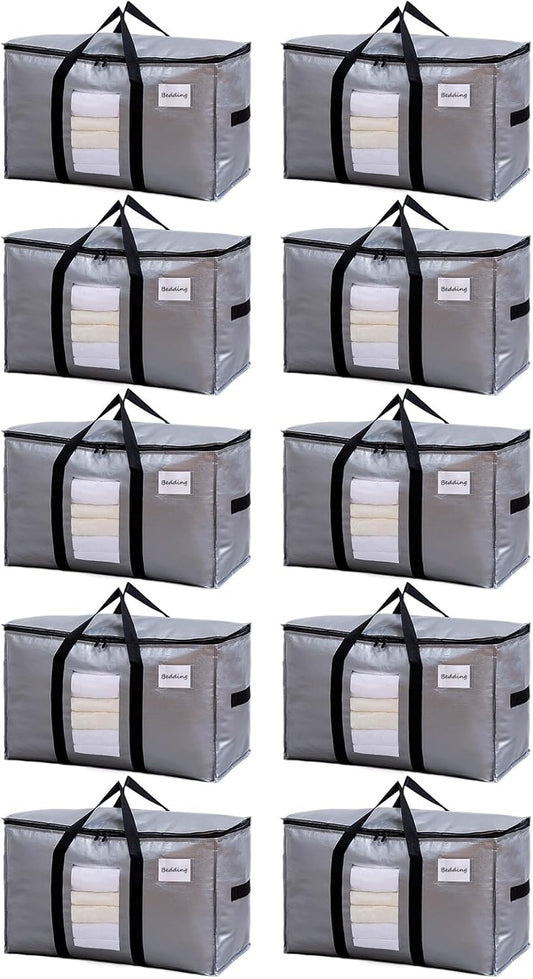 TAILI Extra Large Moving Bags, 10 Pack Silver Heavy Duty Totes for Storage with Visible Window, Wrap Around Handles, Storage Bags for Space Saving, Alternative to Moving Boxes