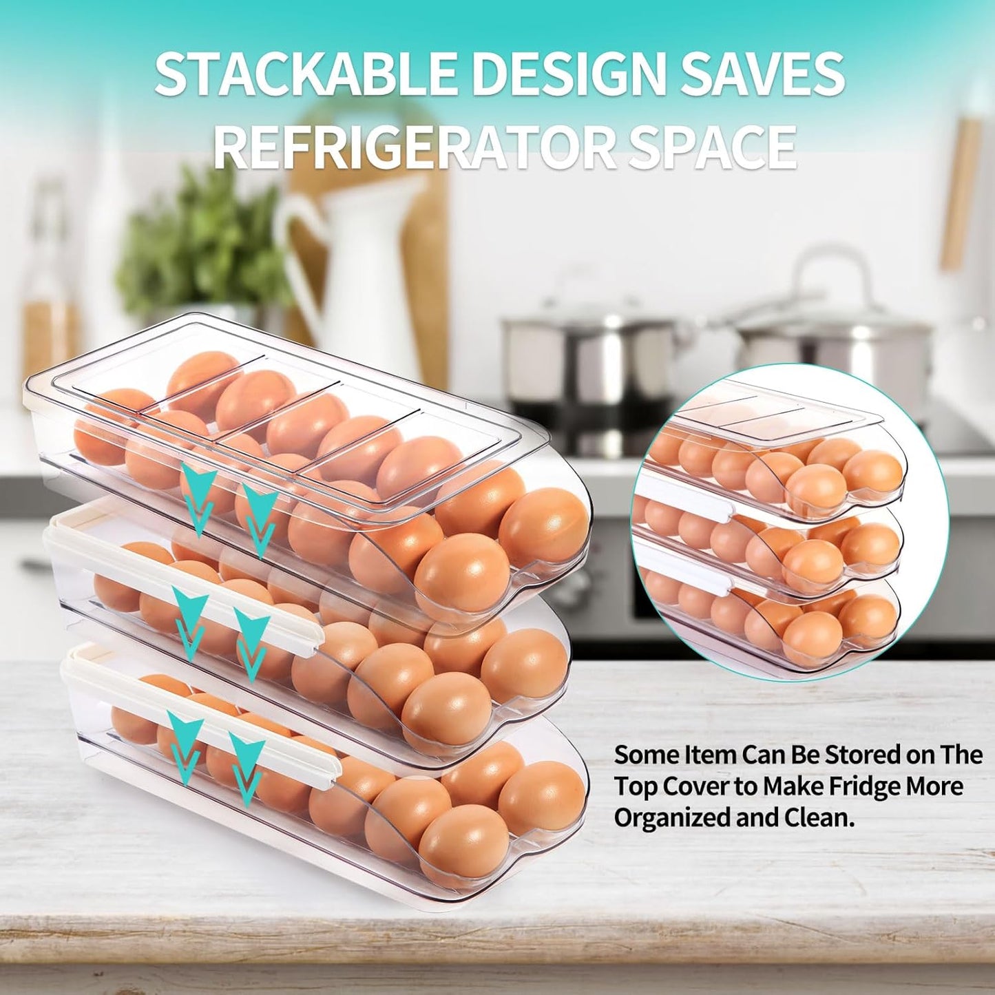 Egg Holder for Fridge, Automatic Rolling Egg Container for Refrigerator, Stackable Fridge Organizers and Storage with Lid, Clear Plastic Egg Dispenser,Bin & Tray (1 Tier)