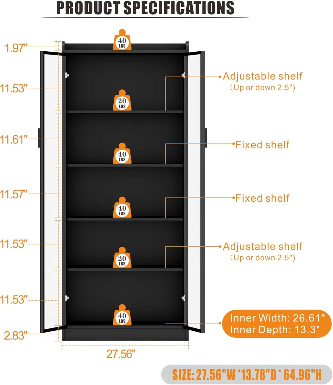 Display Cabinet with Doors and Adjustable Shelves, 65" Tall Bookcase with LED Lights/Human Sensor, 5 Tier Display Case for Collectibles Bedroom Living Room Office, Black