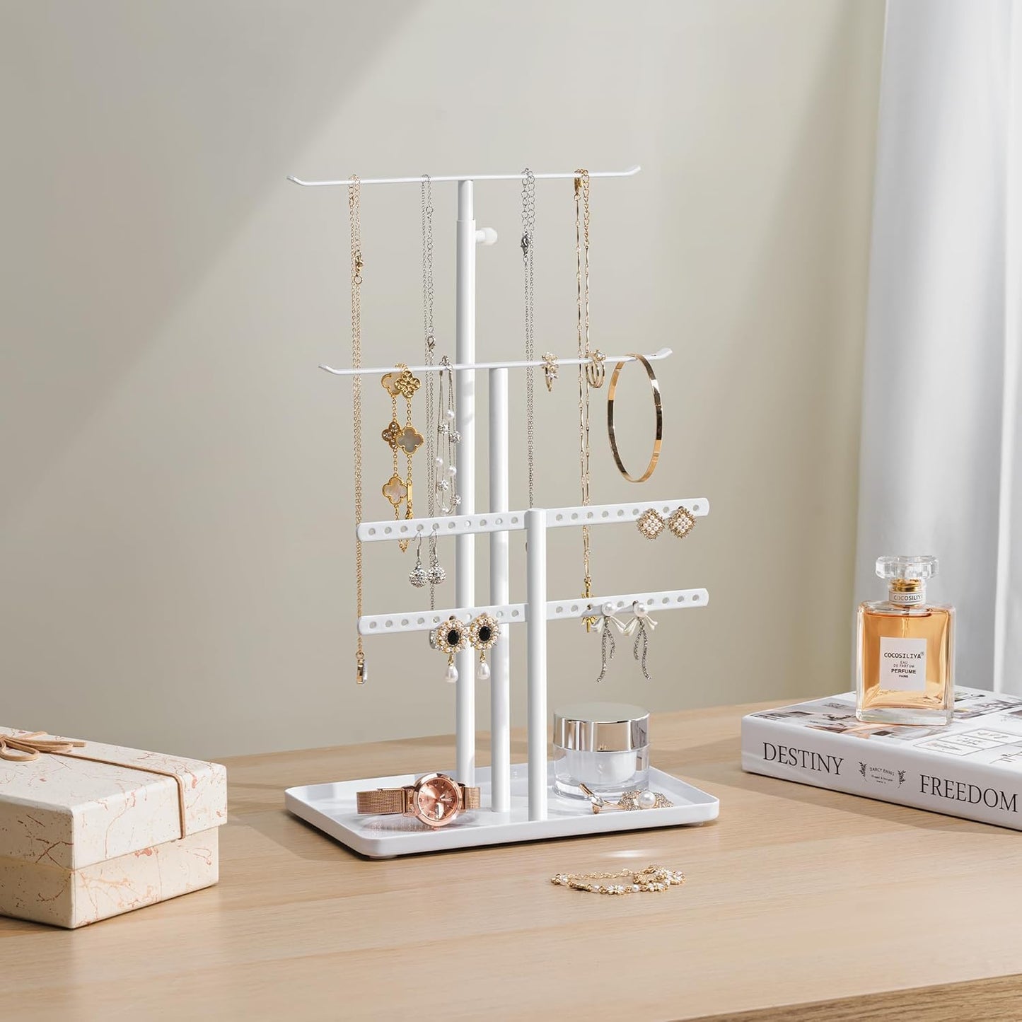 Jewelry Holder Organizer Stand - Adjustable Jewelry Tree 17.5" Height (Max), Jewlery Hanger for Necklaces, Bracelets, Earrings, Stainless, White